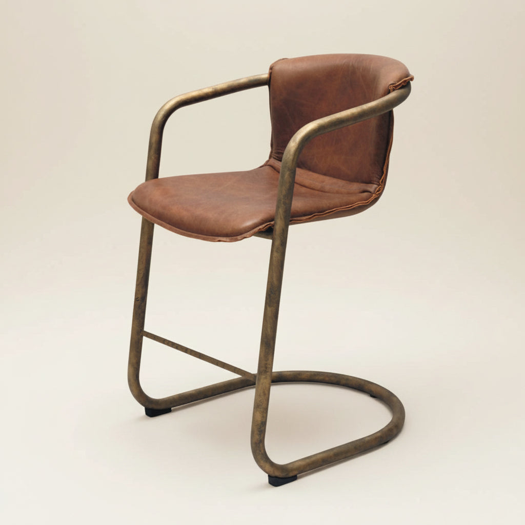 Orlando tan leather bronze metal tub style 65cm seat height barstool, wabi sabi, Bisque