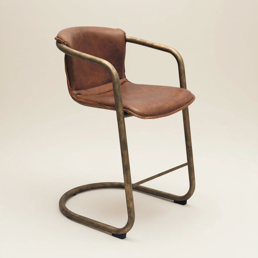 Orlando tan leather bronze metal tub style 65cm seat height barstool, wabi sabi, Bisque