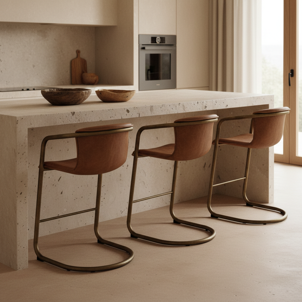 Orlando tan leather with bronze metal frame tub style 65cm seat height barstool scene, Wabi Sabi, Bisque