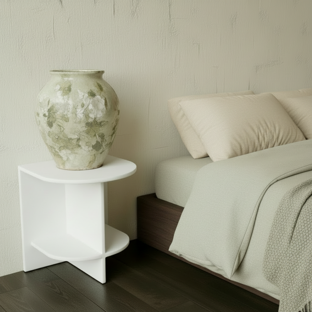 White nightstand with a decorative vase next to a bed with beige bedding.