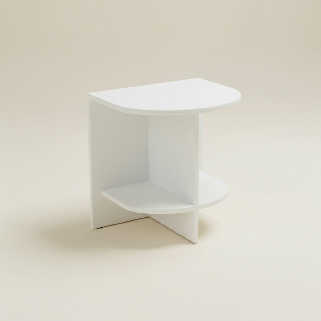 White side table with a textured plant pot on top against a neutral wall.