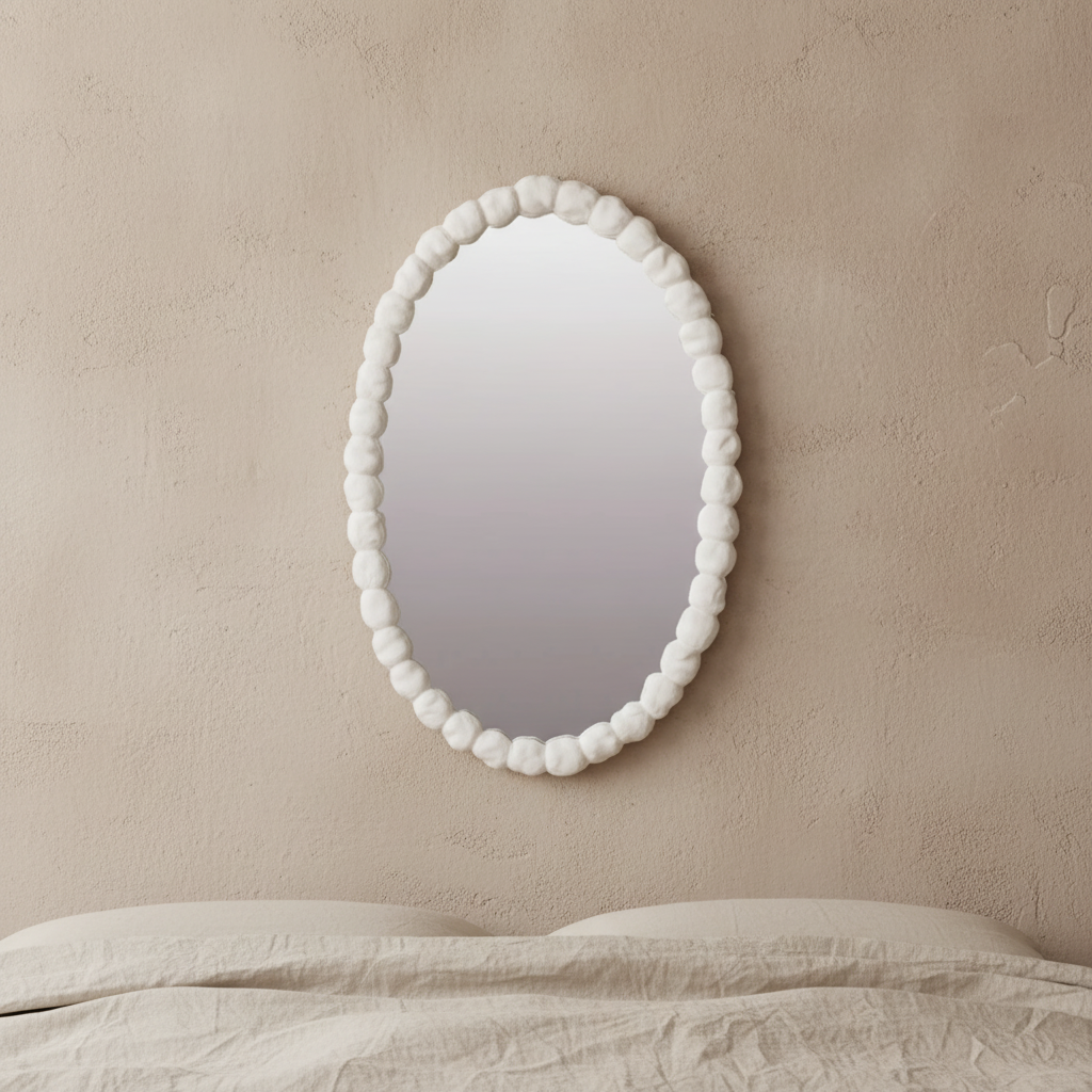 Decorative mirror with a white beaded frame on a light background