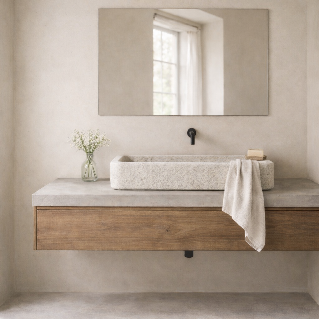 parul hammered cream marble long basin, bisque, wabi sabi