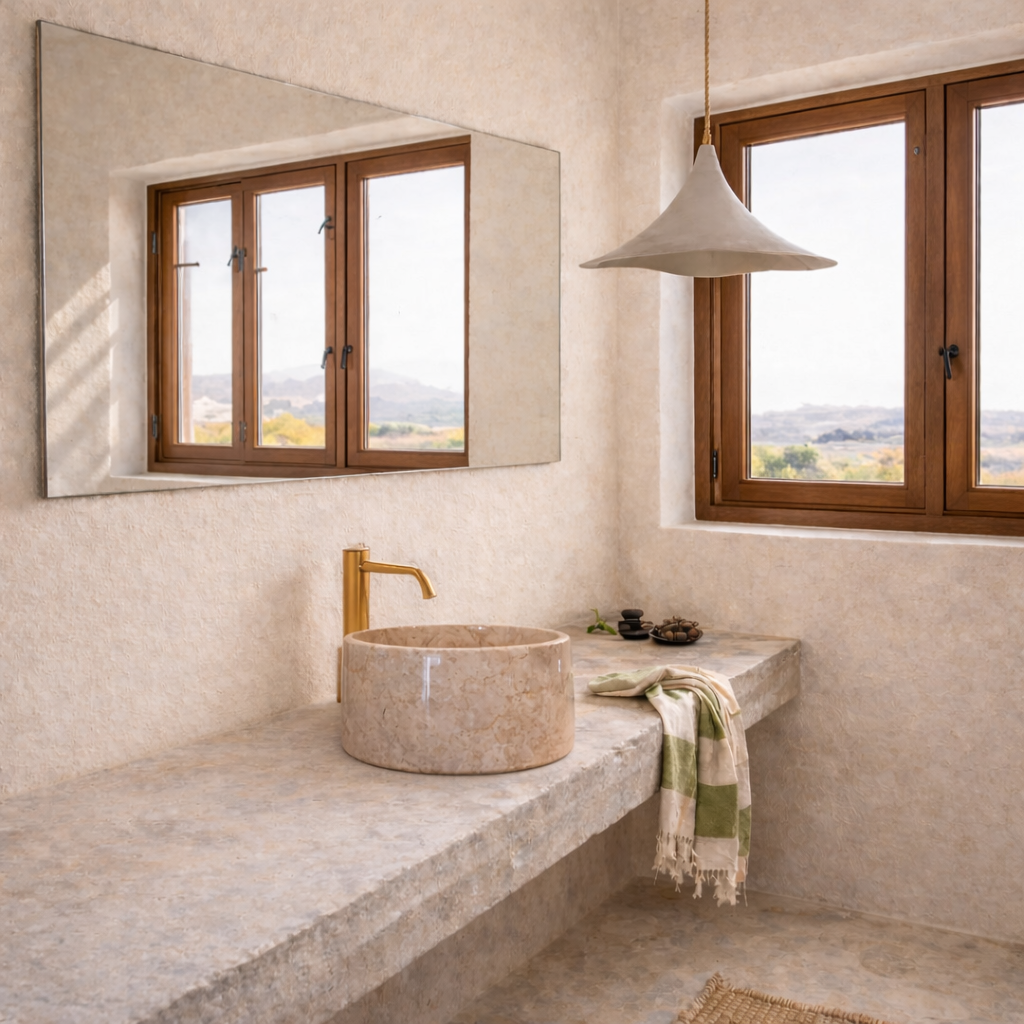 Basin: Pasha, Round Polished Cream Marble 36cm Basin