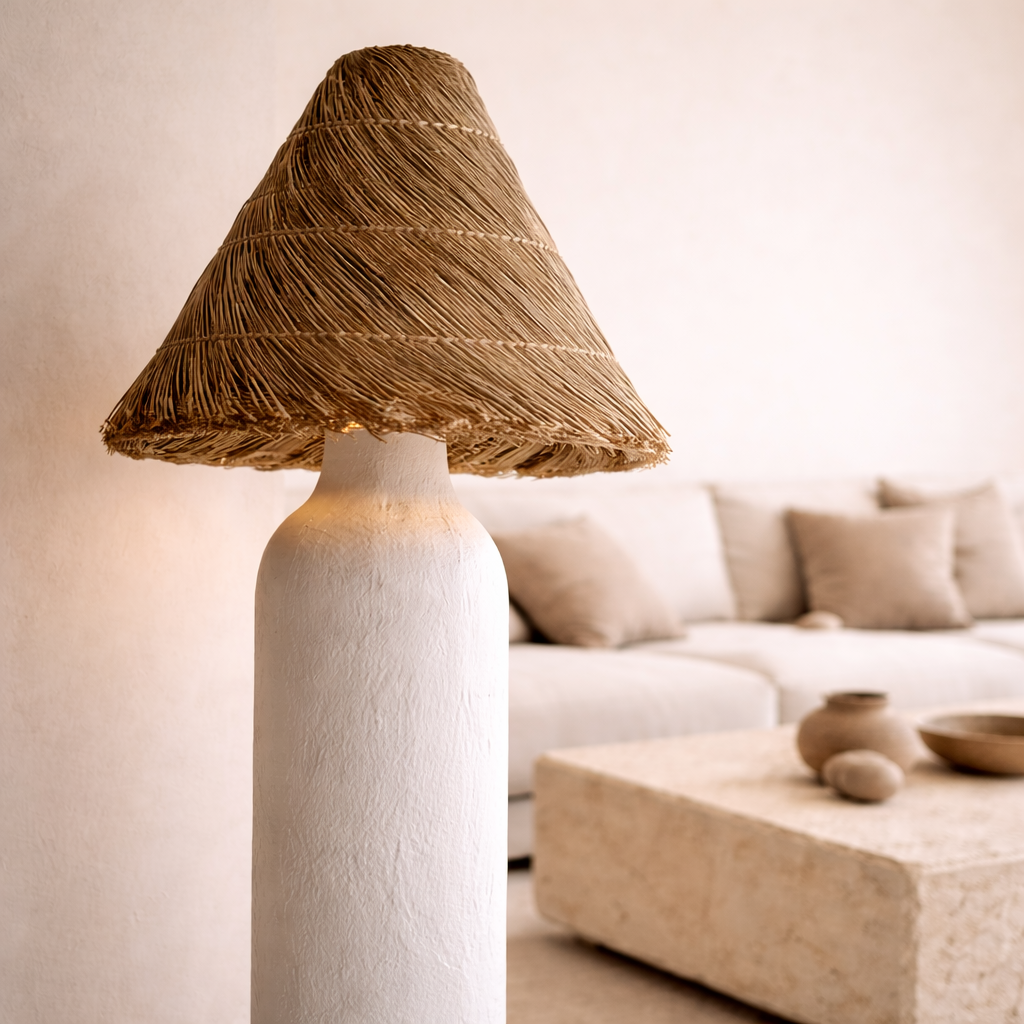 Decorative lamp with a wicker shade in a living room setting