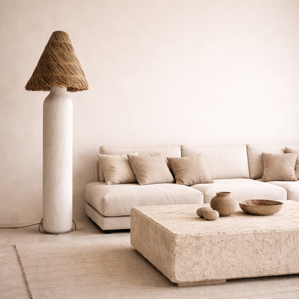 Modern living room with a white sofa, textured floor lamp, and stone coffee table.
