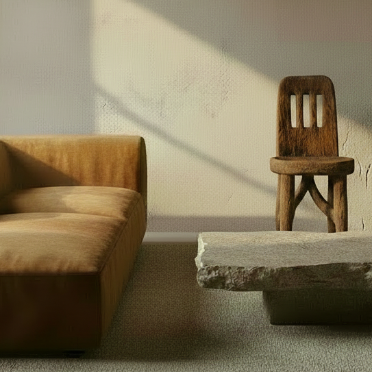 The Peri tribal hand carved accent chair living room scene