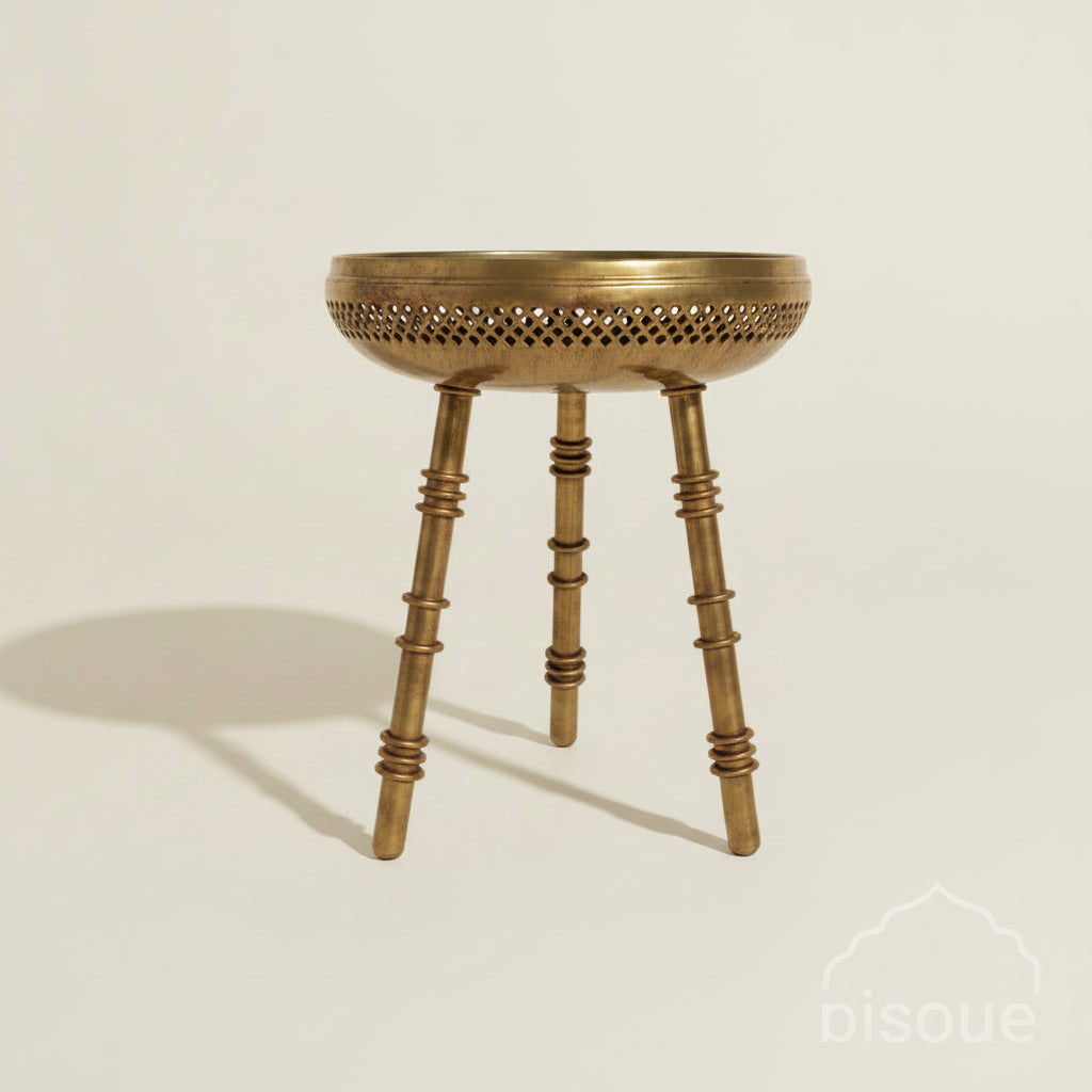Detailed brass rakshan side table, Bisque