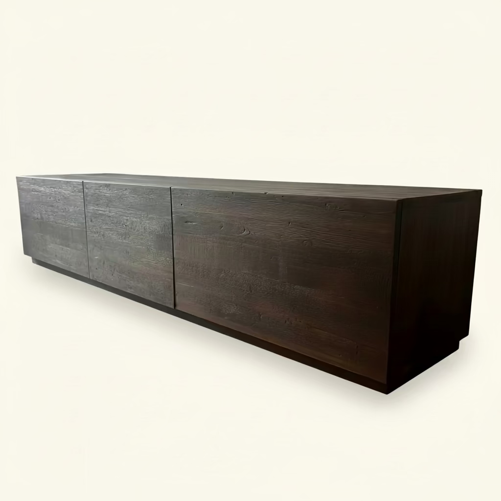 A four door, dark entertainment unit in reclaimed teak, 2.5m, Bisque