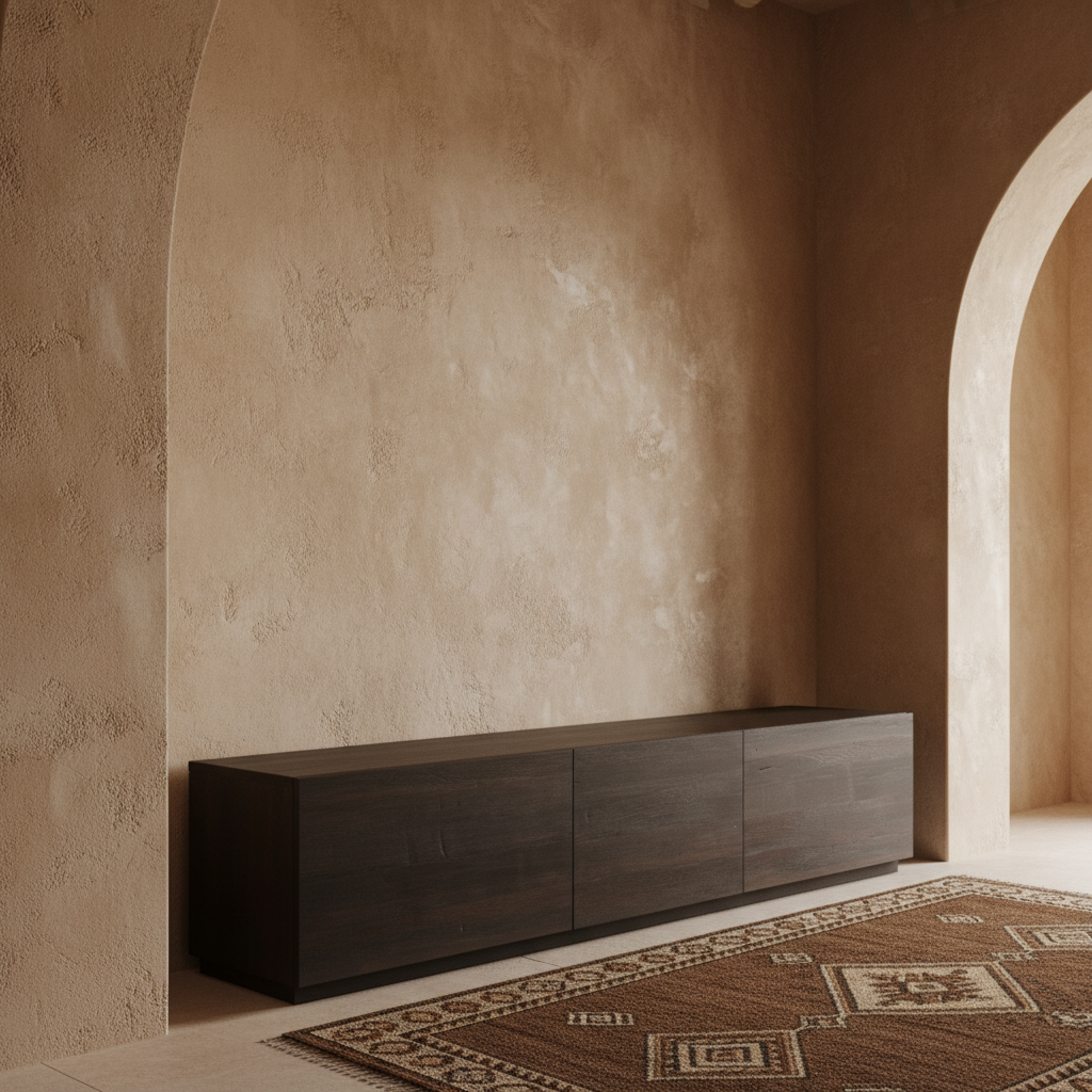 Long dark brown wooden cabinet on a wabi sabi background