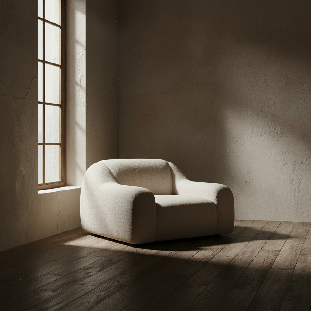 A modern low-profile roma armchair in a off white fabric, shown from a three-quarter angle against a solid off-white background.