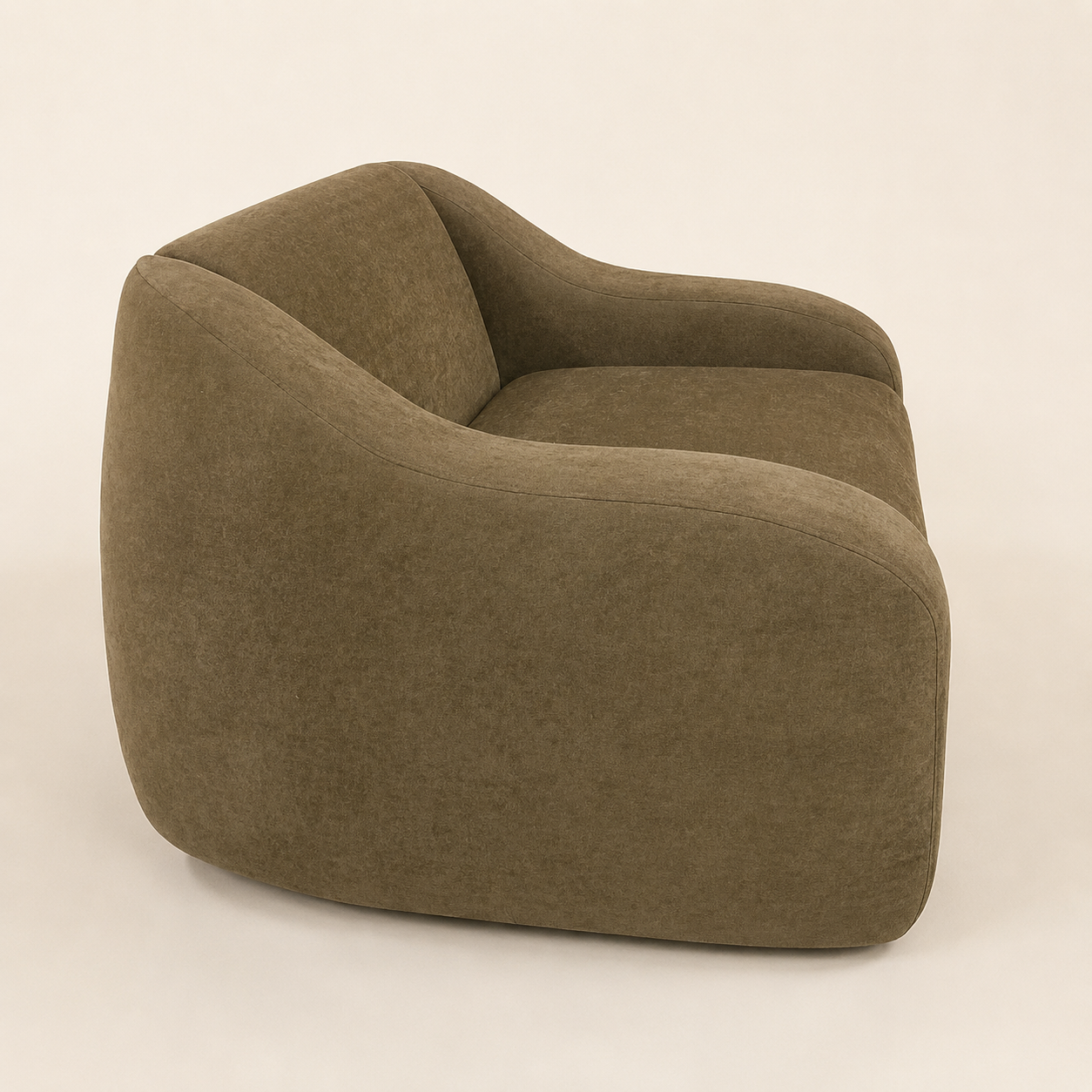 A modern low-profile armchair with a rounded, bucket-like silhouette upholstered in textured olive-brown fabric, shown against a plain light beige background.