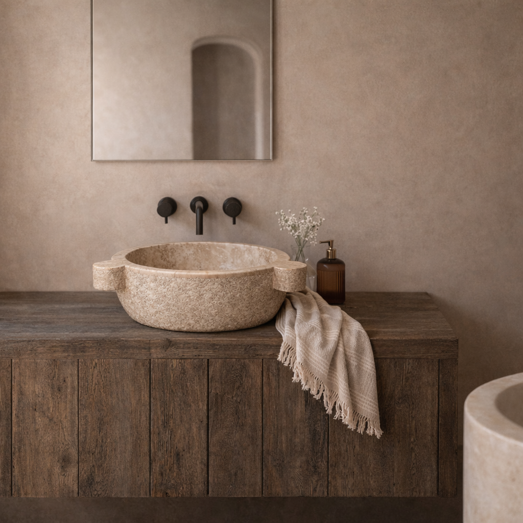 Basin: Samba, Cream Hammered Finish Hamam Style Marble Basin