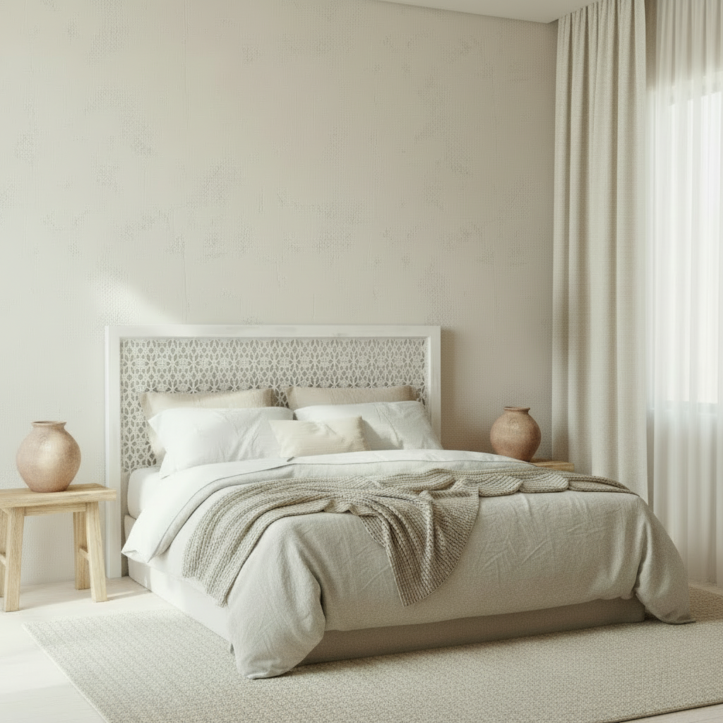 Neatly made bed with white bedding and decorative pillows in a softly lit bedroom.