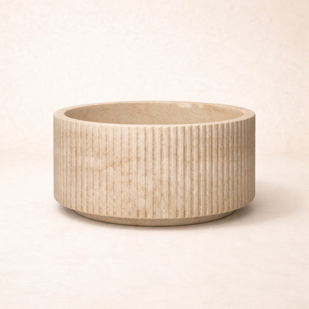 Sawadi round fluted cream marble 36cm basin, wabi sabi, Bisque