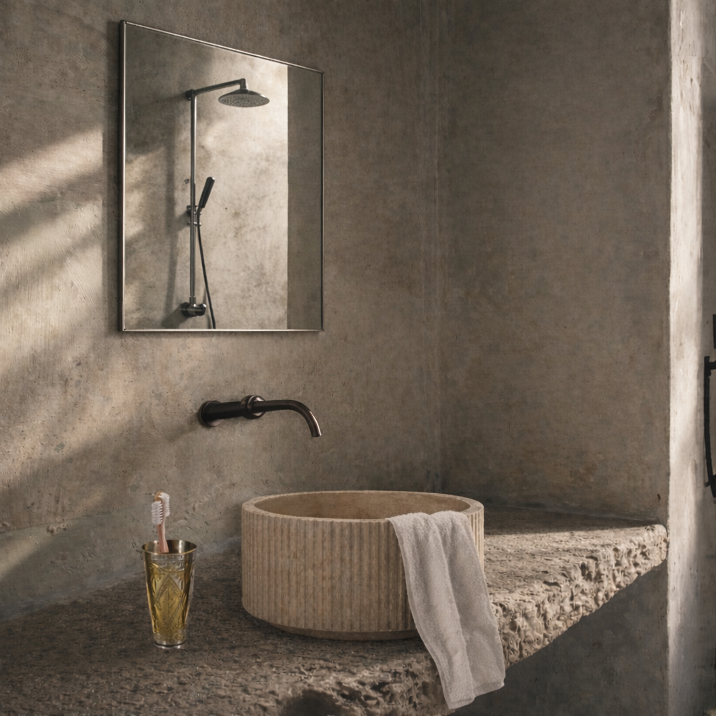 Sawadi : Round Fluted Cream Marble Stone 36cm Basin, Wabi Sabi Basins Australia