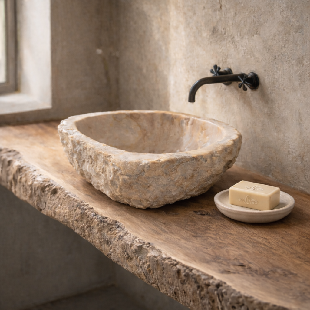 shambala raw edged cream marble basin, wabi sabistyle, bisque
