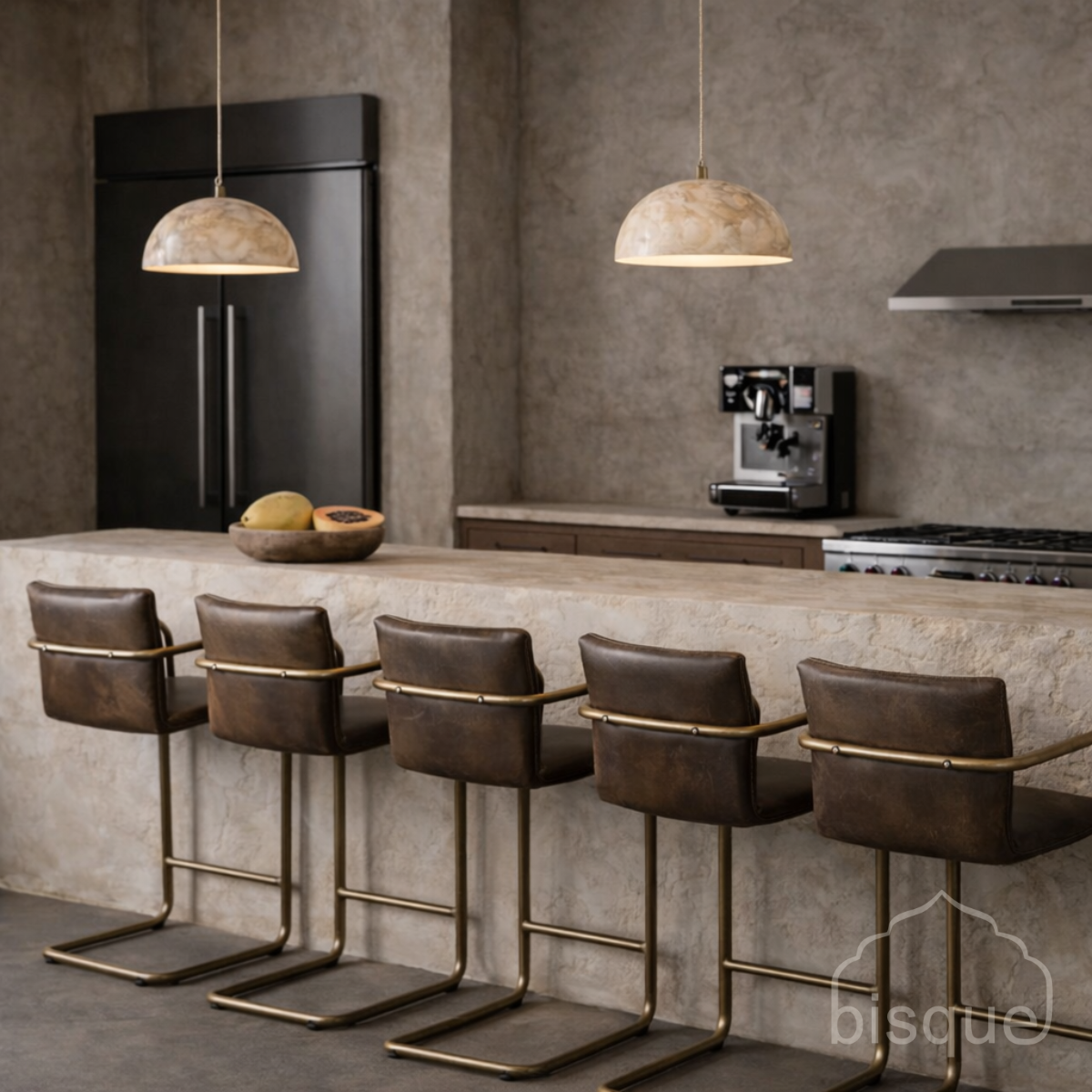 Modern kitchen with Shumba Onyx dome pendant lights, concrete countertop, Alessia bar stools, and kitchen appliances.