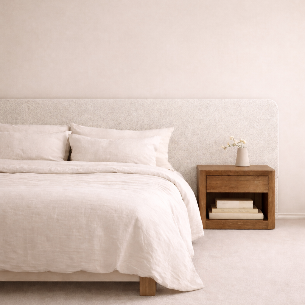 Neatly made bed with white bedding and pillows in a minimalistic bedroom setting.