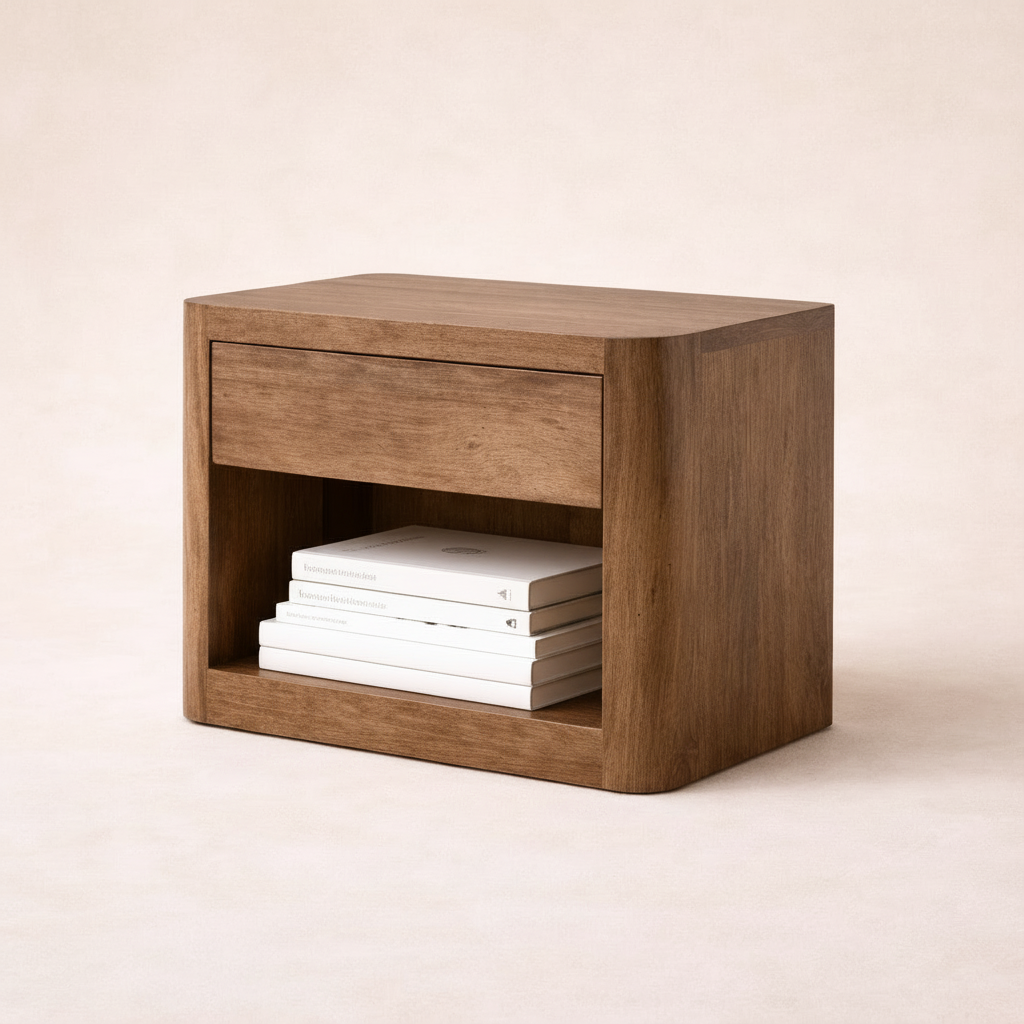 Wooden nightstand with a drawer and books on a beige background