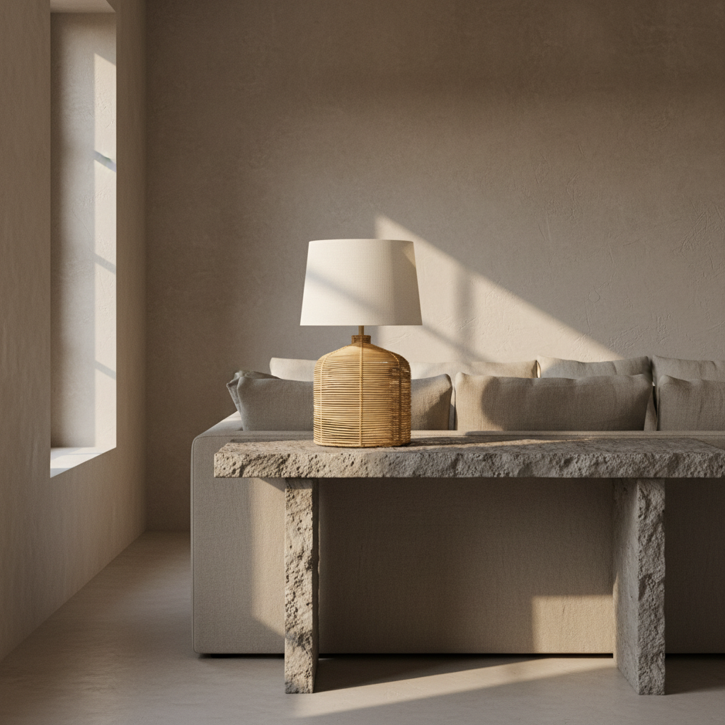 A rattan table lamp with a white lampshade on top of a beige rattan base, against a white background.