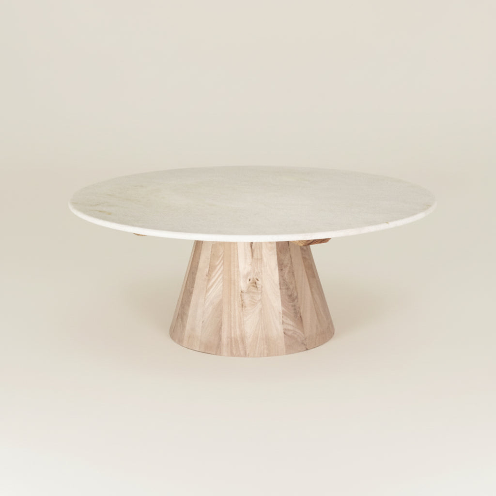 Round marble top Coffee table with a wooden base wabi sabi