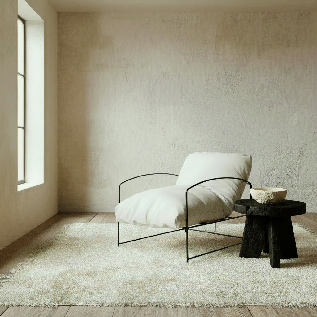 Taye soft cream cushion on a black metal frame occasional lounge chair, Bisque Traders