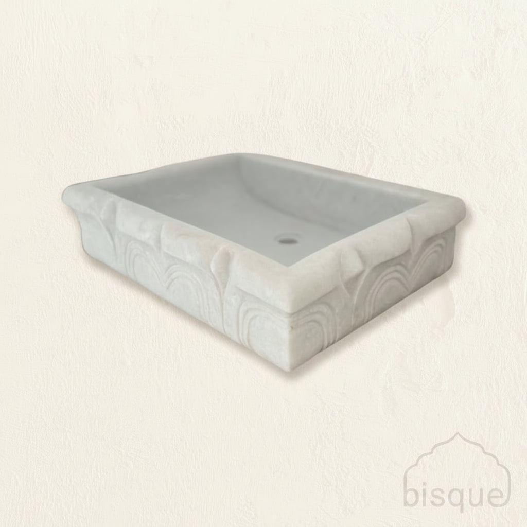 Vajra : Rectangular Carved Rectangular White Marble Basin, Classic Basins, Australia