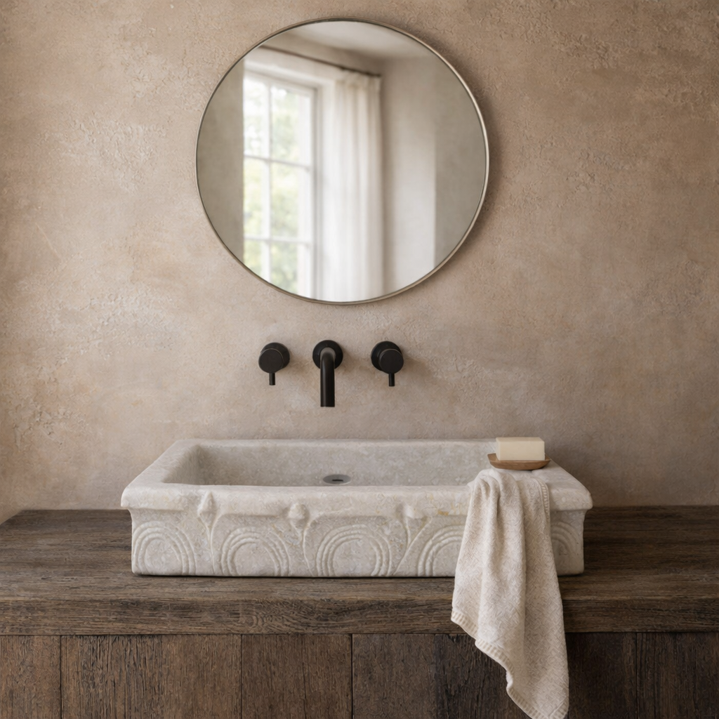 Vajra 60cm long carved rectangular white marble basin, Wabi Sabi, Bisque