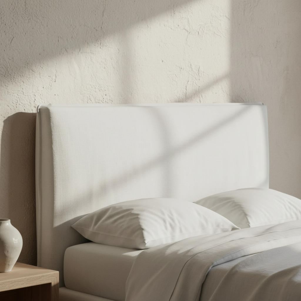 Neatly made bed with white bedding in a softly lit bedroom.