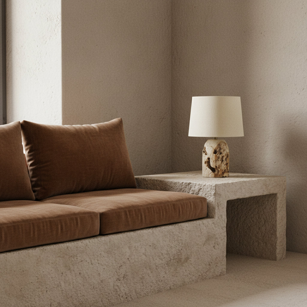 A hand-carved fossilised coral table lamp base with an optional white lamp shade.