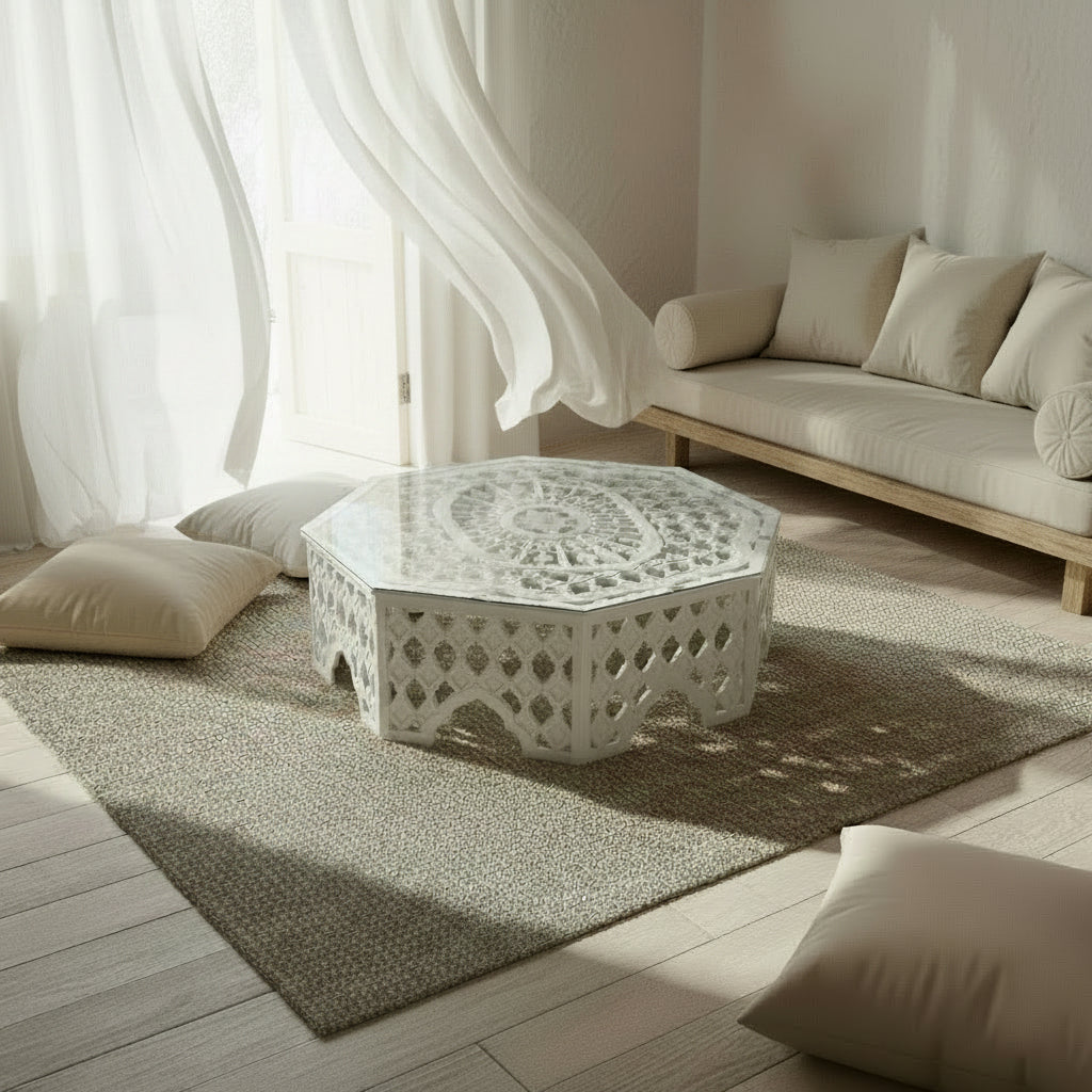 Camilla Coffee Table, Carved white wood with glass top.