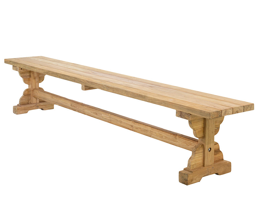 Piet : Carved Leg Recycled Teak Outdoor Bench Seat, Bleached 250cm