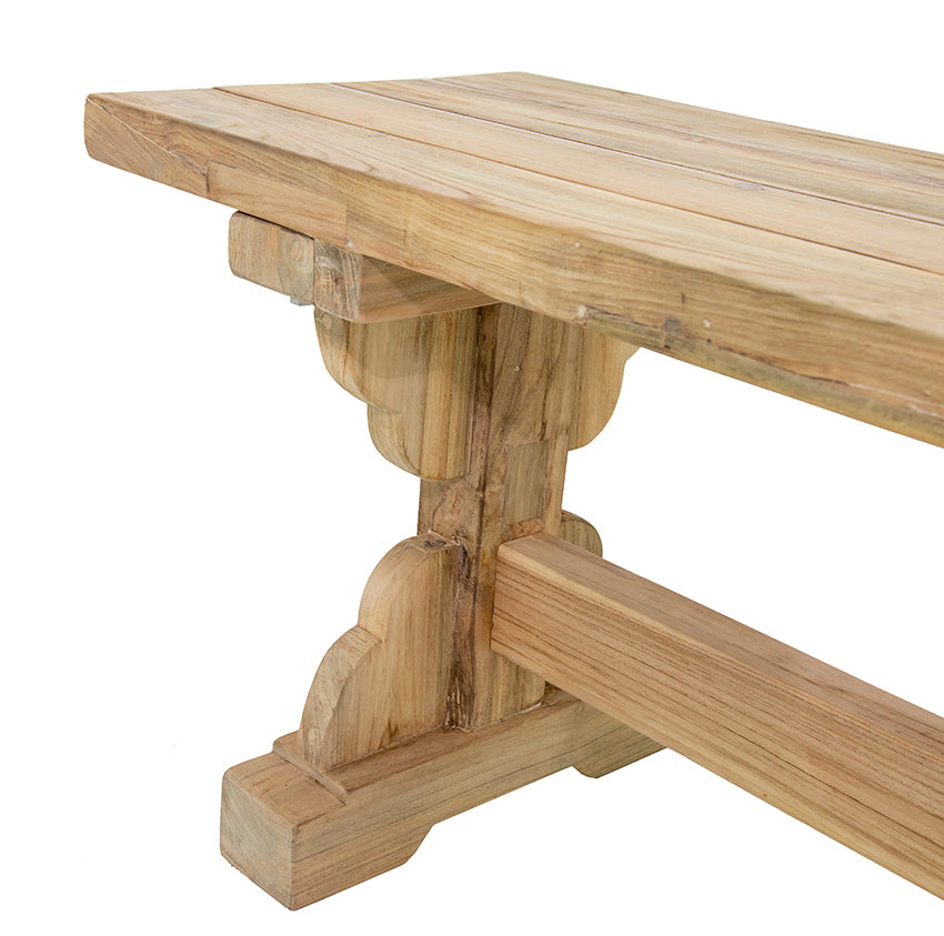 Piet : Carved Leg Recycled Teak Outdoor Bench Seat, Bleached 250cm