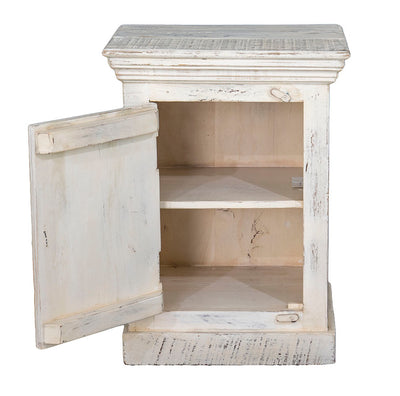 Indian Wooden Bedside Cabinet, Whitewashed Right Hand Opening
