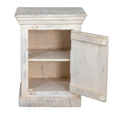 Indian Wooden Bedside Cabinet, Whitewashed Right Hand Opening