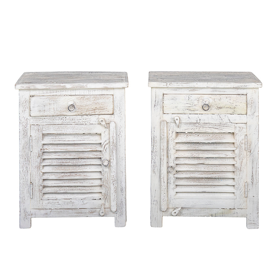 Clara : Bedside Reclaimed Wood White Washed Louvre Door Cabinet Left and Right