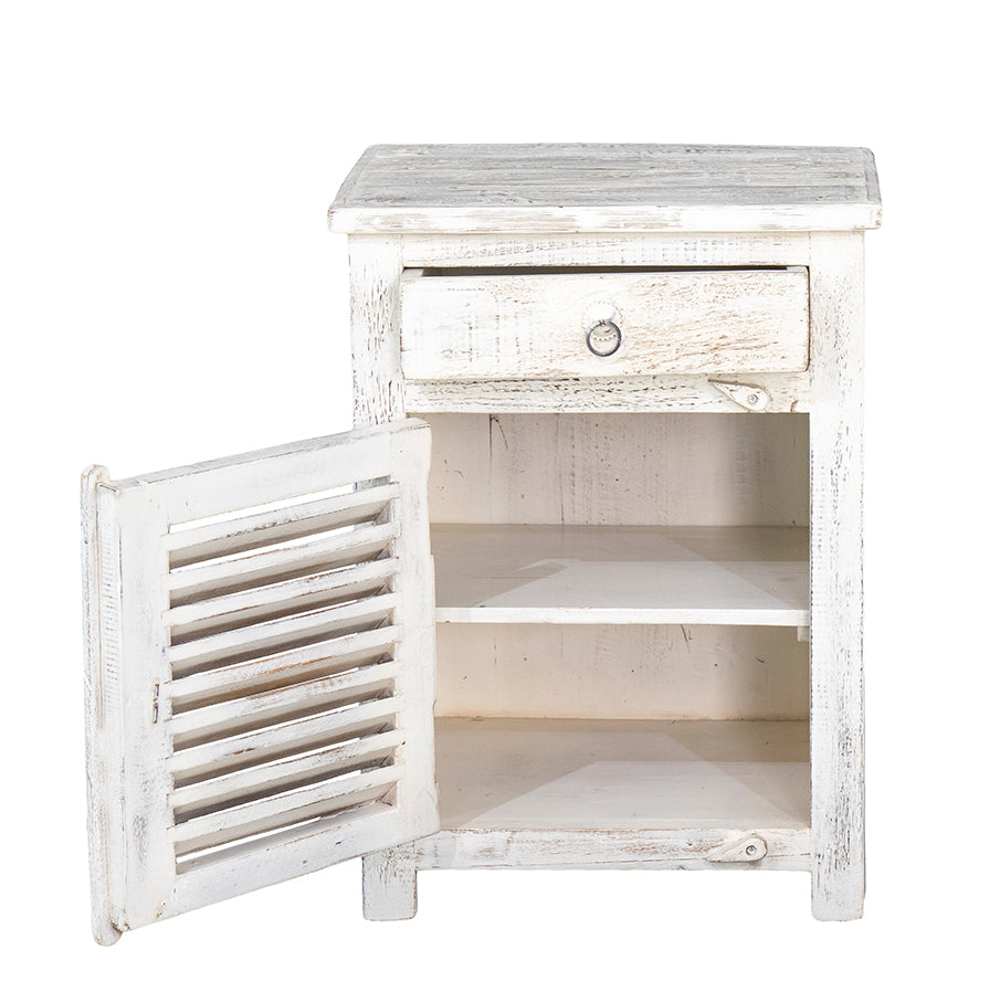 Clara : Bedside Reclaimed Wood White Washed Louvre Door Cabinet Left and Right