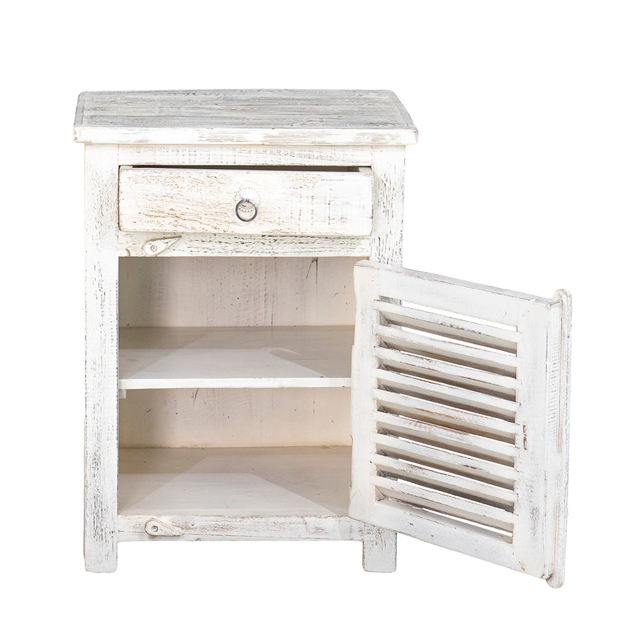 Clara : Bedside Reclaimed Wood White Washed Louvre Door Cabinet Left and Right