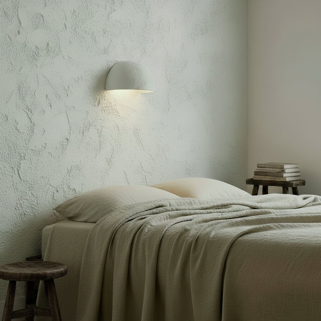 A minimalist bedroom scene featuring a bed dressed in neutral beige linen bedding, a textured plaster wall with a lit dome wall sconce, and a small wooden stool holding a stack of books.