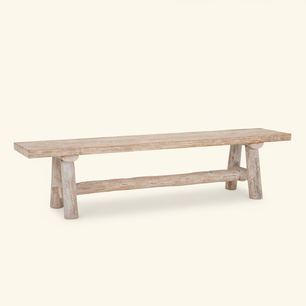 wooden white washed teak bench seat bisque