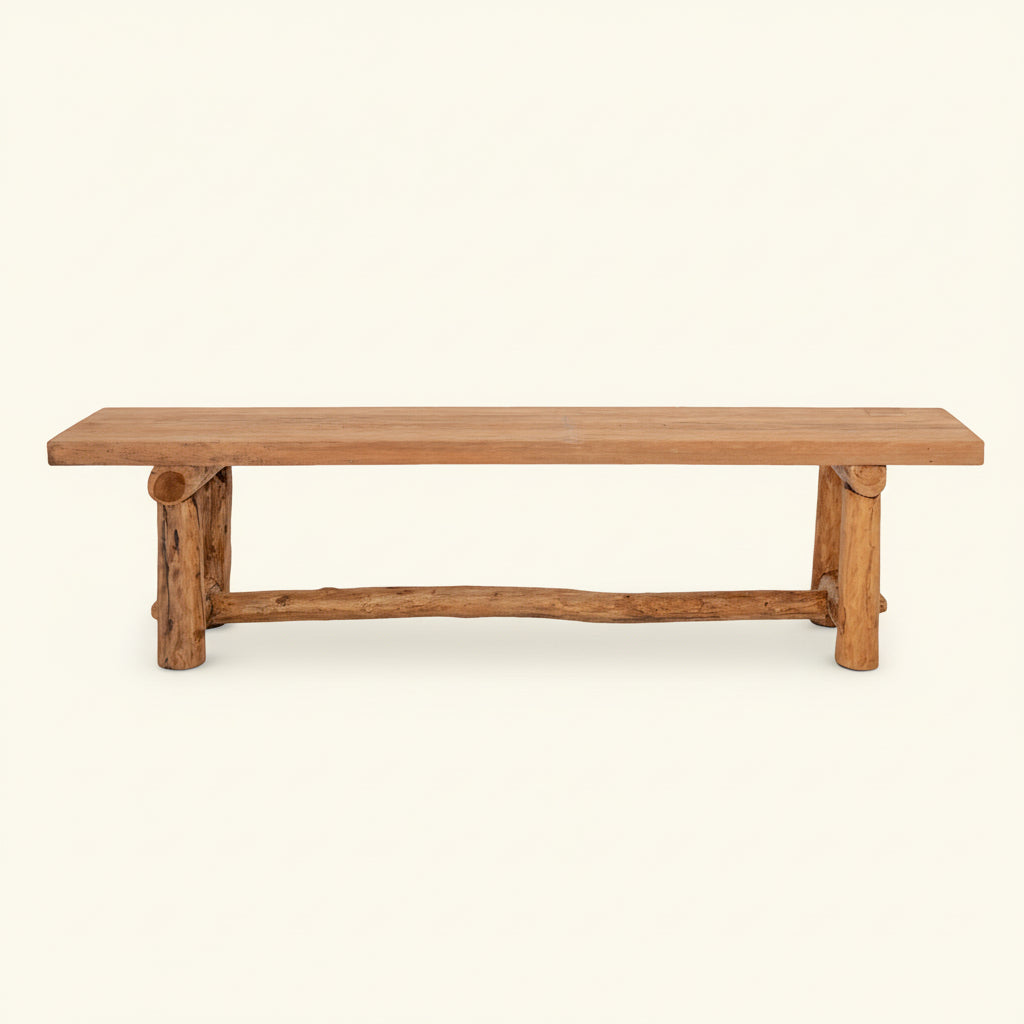 Wooden teak bench with rustic log legs 180cm Bisque