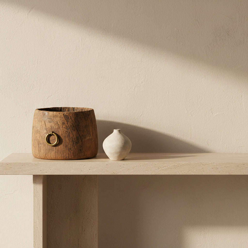 Two assorted old wooden pots with a bleached finish and a metallic ring for handles, approximately 30cm in diameter and 25cm in height.