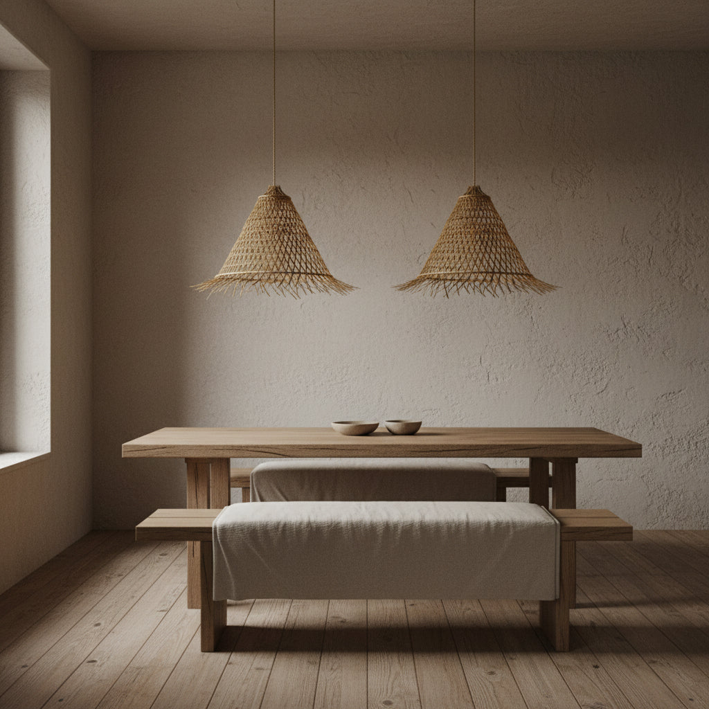 A natural cone shaped Bakara woven rattan cone-shaped pendant light hanging from a thin rope against a plain white background.