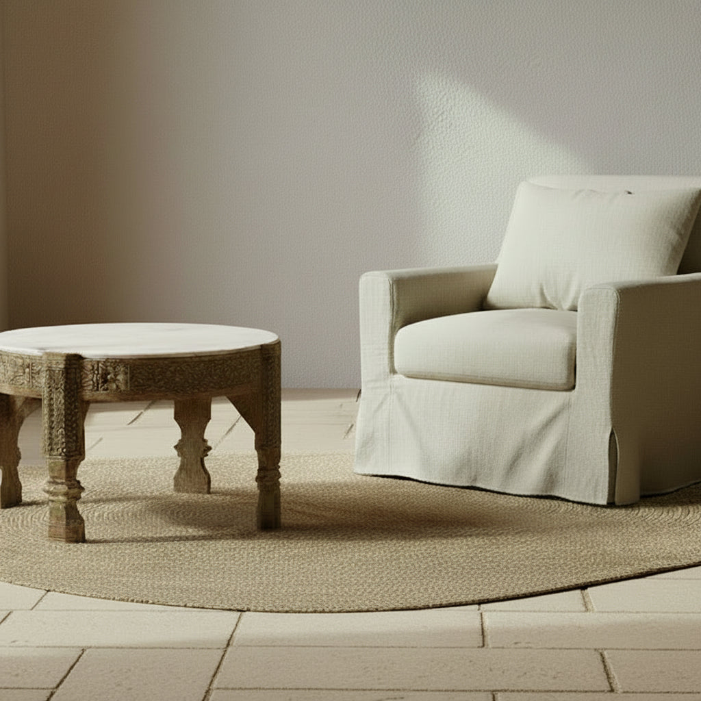 grinder coffee table with marble top in a wabi sabi living room