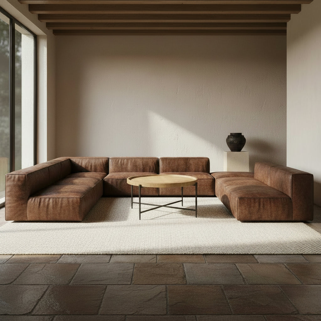Round stone coffee table with a black iron base.