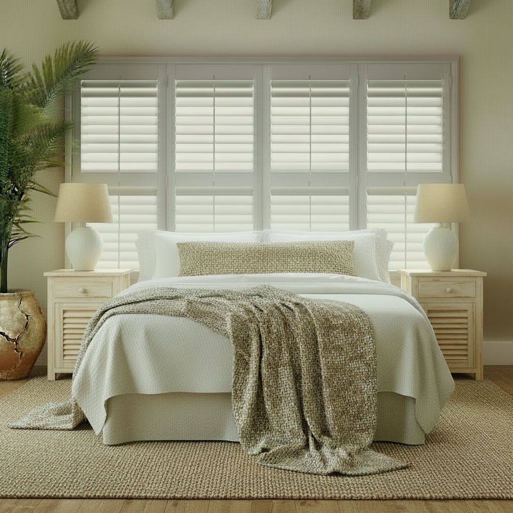 Bedroom with white shutters, bed with beige blanket, and side tables with lamps.