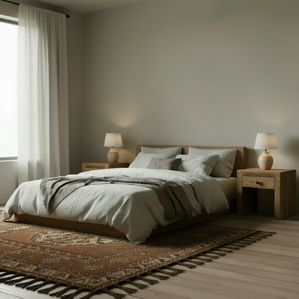 Modern bedroom with a bed, nightstands, and lamps.