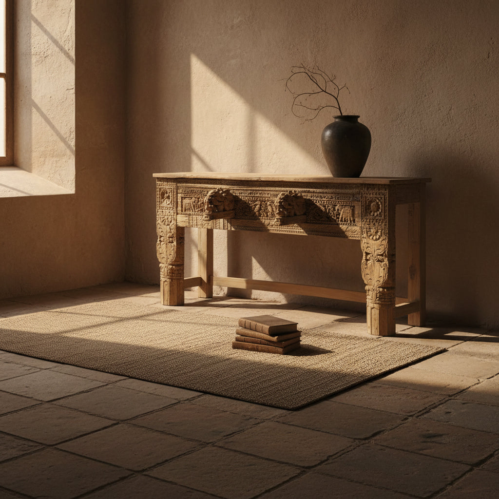 A rustic carved wooden Indra Indian console table with lion head details on the drawer pulls and ornate leg carvings, shown against a plain white background.