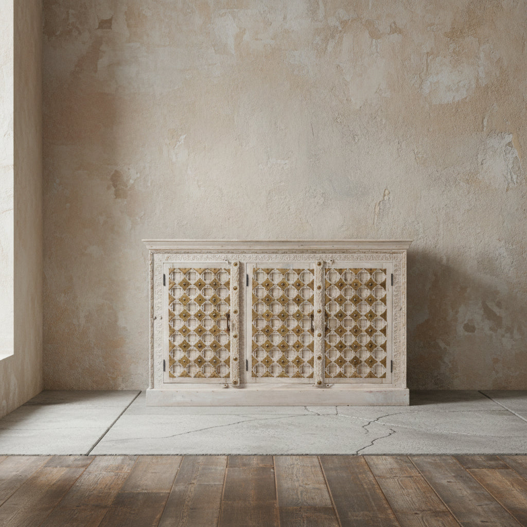 Decorative carved Lajita 3 door 160cm cabinet with intricate brass patterns.